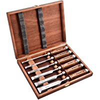 EZARC Juego de 6 Formones para Madera- Acero Cromo-Vanadio y Mango de Madera con Estuche de Madera